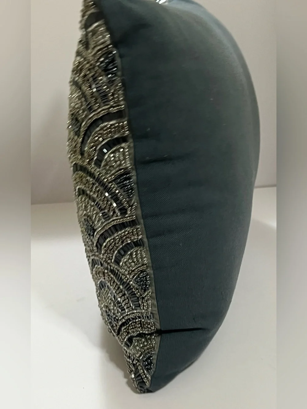 Art Deco Beaded Accent Pillow Black Silver Metallic Gatsby Glam